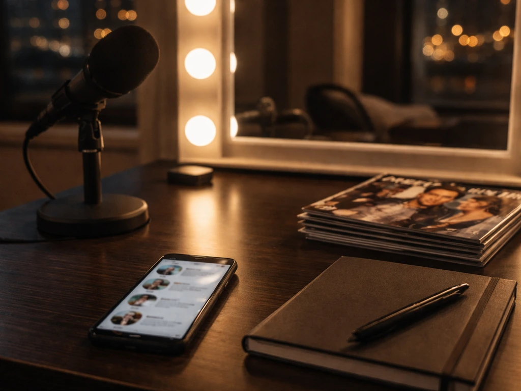 Minimal TV studio desk with microphone, smartphone, and entertainment magazines symbolizing media identity mix-up.