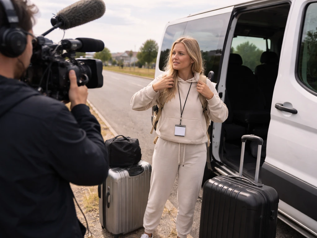 Anonymous reality TV cast member on a 90 Day Fiancé style set near a production van with luggage.