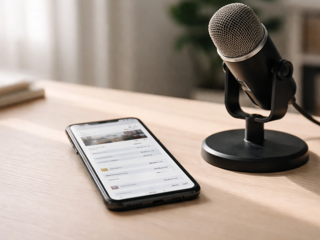 Smartphone displaying a generic creator listing screen beside a microphone on a desk