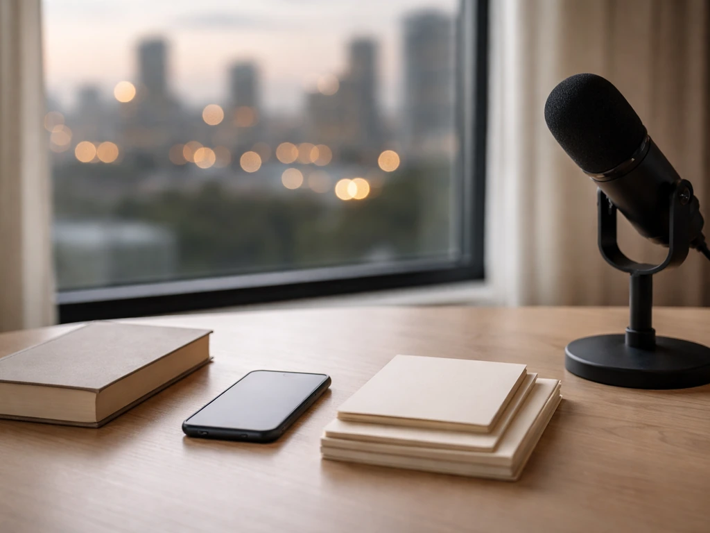 Minimal home-office desk scene with a microphone and luxury stationery, symbolizing media wealth estimates.