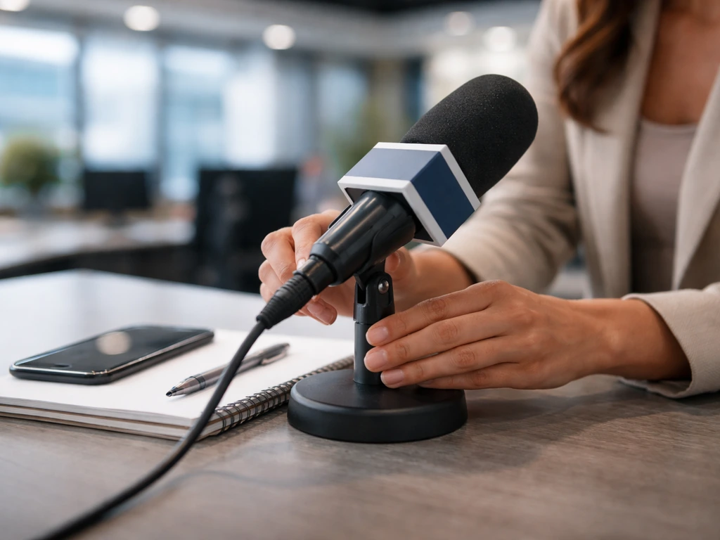 Anonymous hands adjusting a broadcast microphone in a quiet newsroom-style studio desk scene.