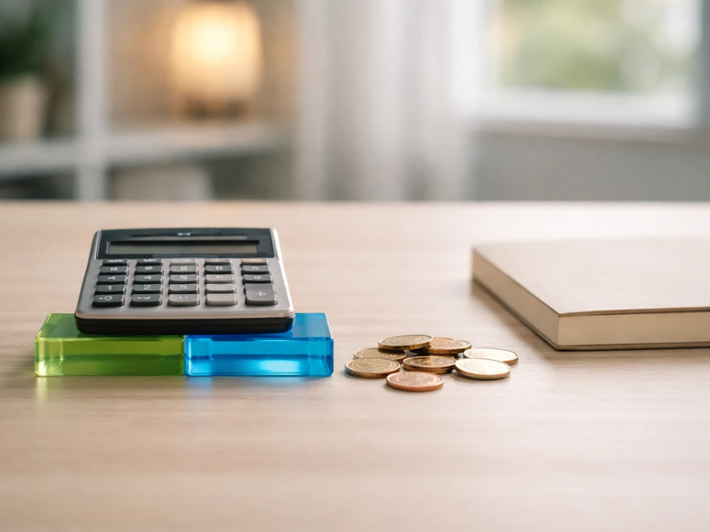Calculator next to scattered coins and a closed notebook, symbolizing a reliable net worth range.