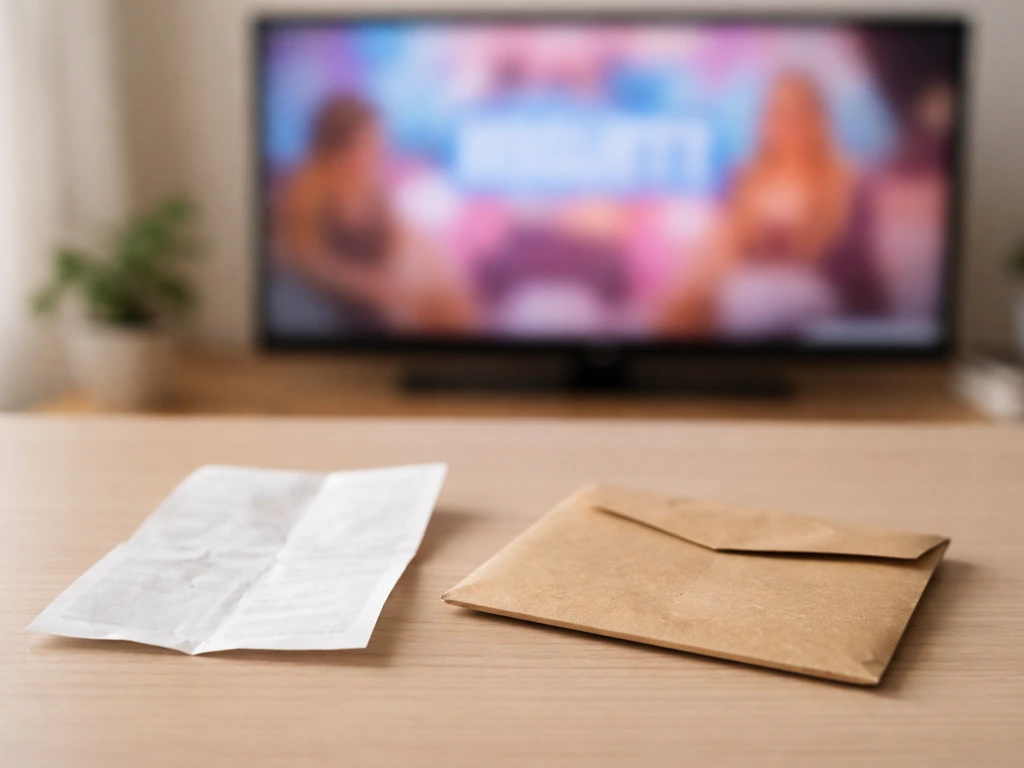 Minimal scene showing a TV screen with reality-TV vibe and a generic receipt with a cash envelope nearby.