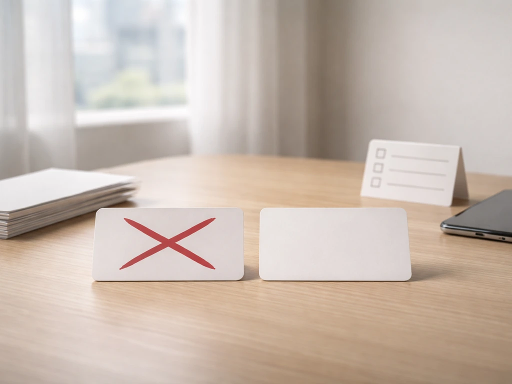 Minimal desk scene with a crossed-out money figure card and a clean card beside blank checklist items.