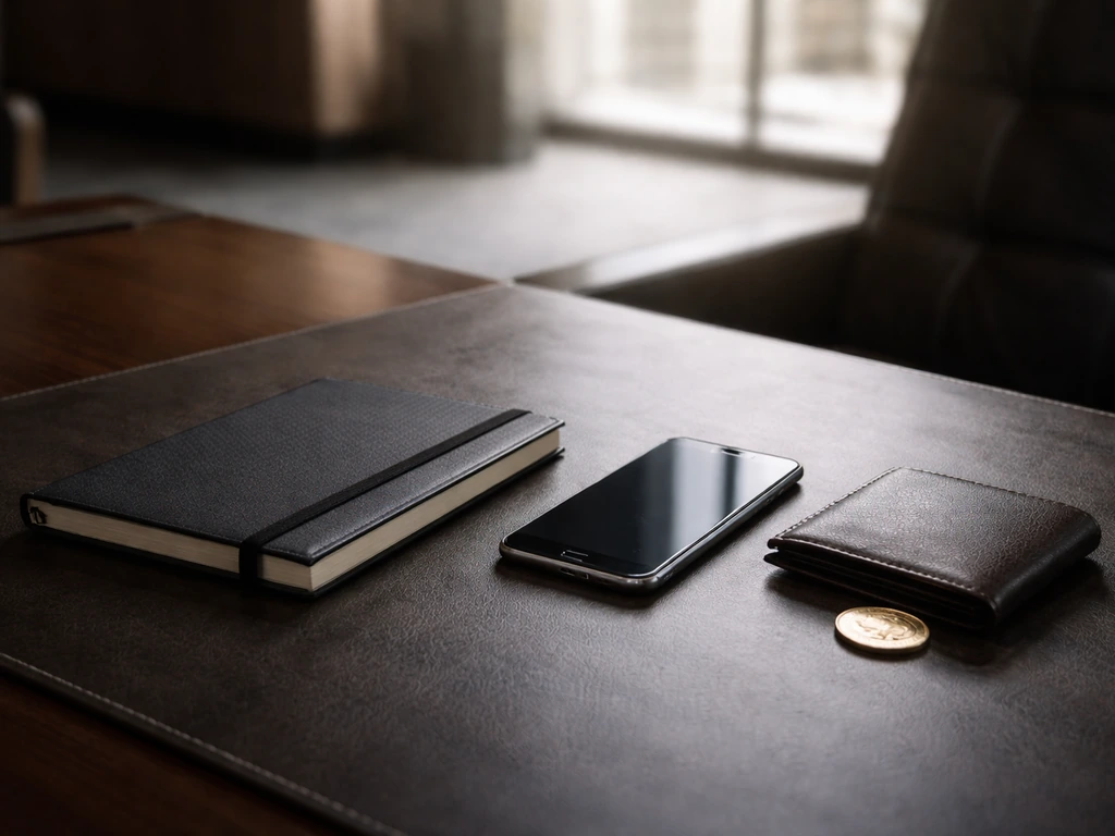 Minimal photo of a luxury media office desk with a smartphone and wallet symbolism for net worth analysis