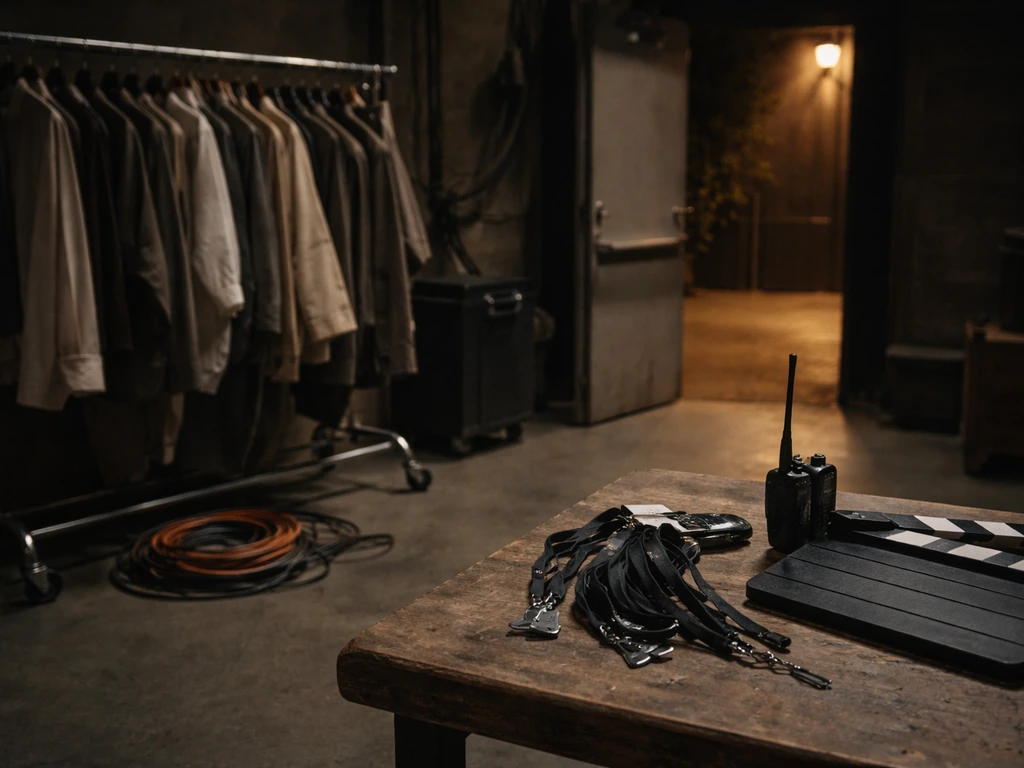 On-set production scene with wardrobe rack, crew lanyards, and moody streetlight glow suggesting TV salary power.