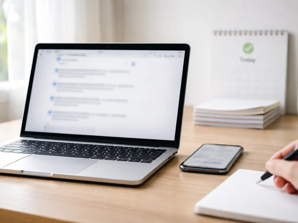 Desk with laptop and phone showing blurred verification screens, blank notes, and a calendar without readable text.