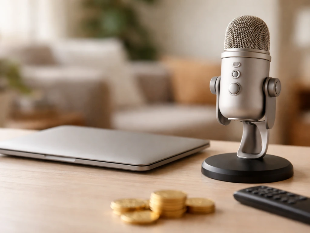 Podcast desk with microphone and laptop, with gold coins symbolizing net worth.