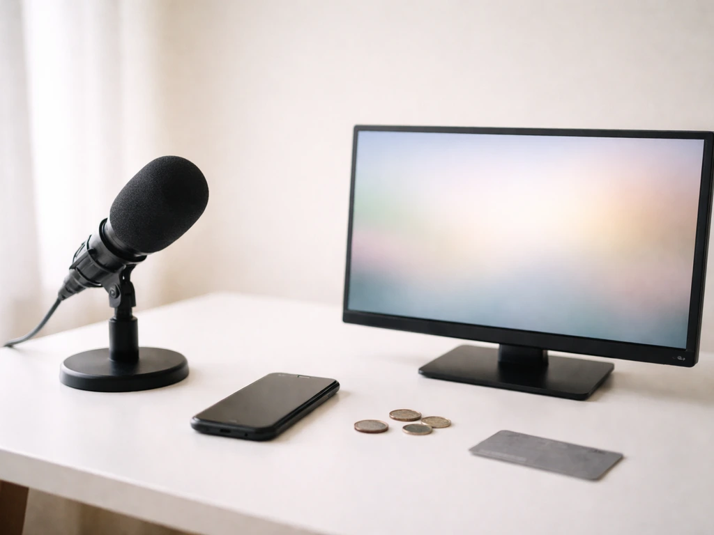 Minimal studio desk with microphone, TV-like screen, and podcast-style setup suggesting different media formats.