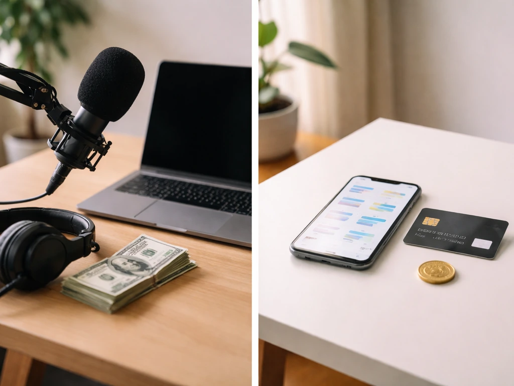 Minimal photo of two desks—podcast studio gear and finance items—to suggest TV vs podcast income buckets.