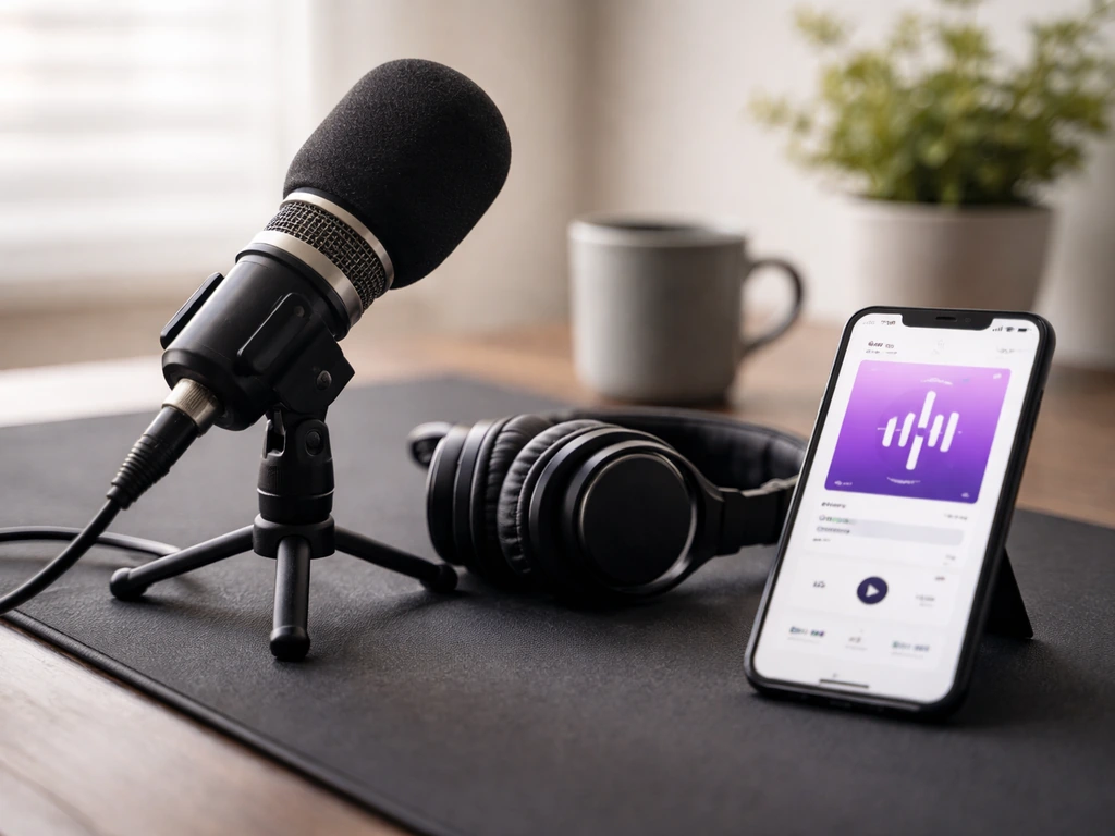 Podcast hosting setup with microphone and headphones beside a phone showing a podcast app-style screen.