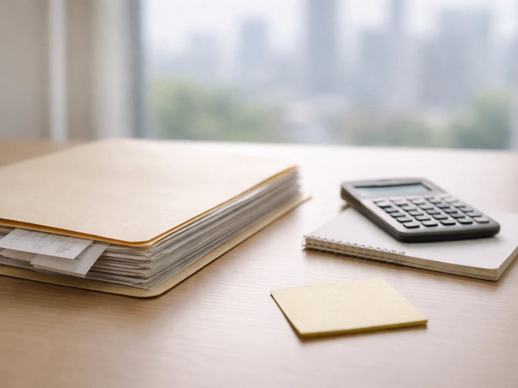 Desk scene showing a folder of papers beside a calculator with a sticky note—verified vs estimated implied.