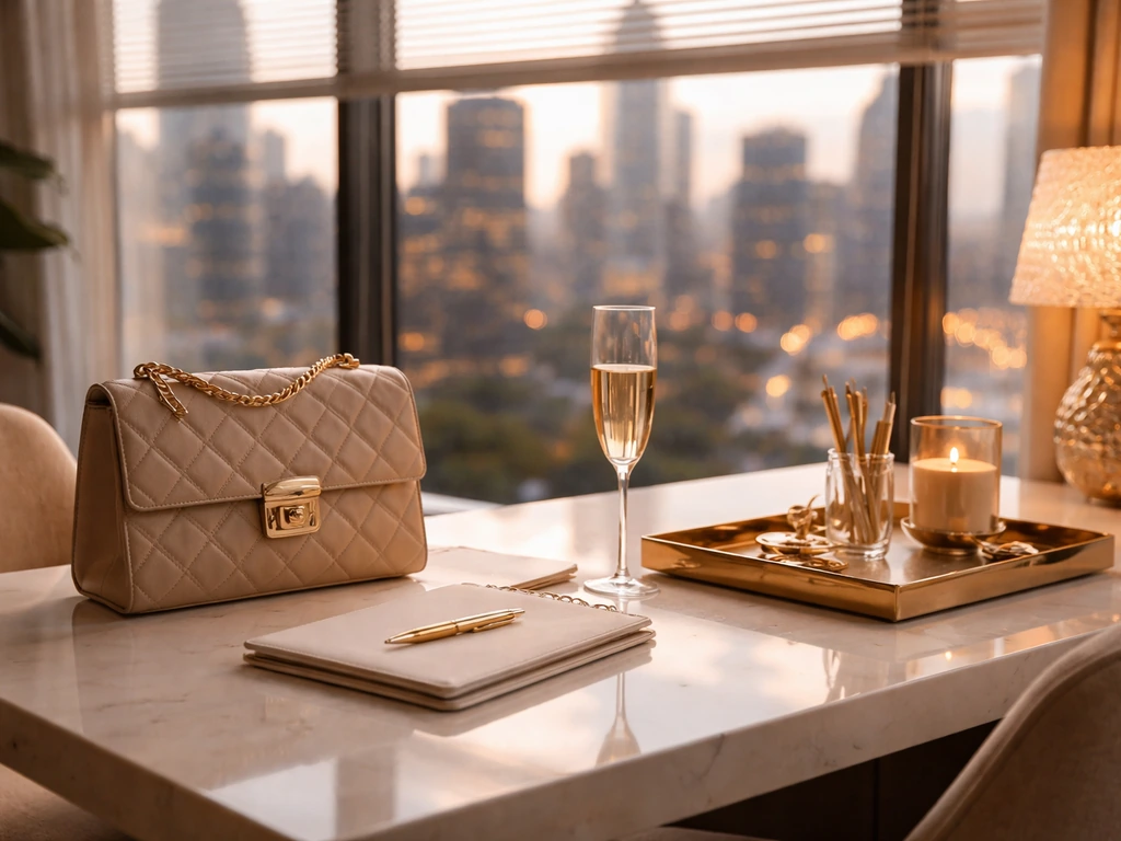 Luxury office corner with gold accents and city skyline, symbolizing wealth and media analysis.