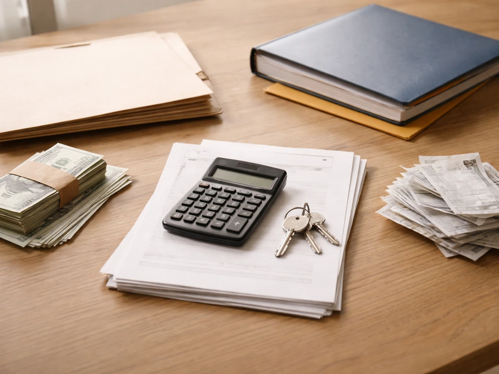 Desk with financial documents, receipts, calculator, and keys illustrating assets minus liabilities concept