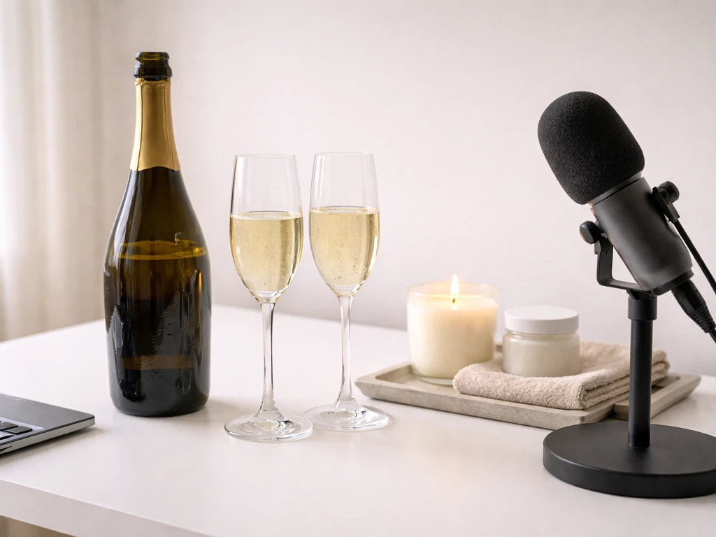 Minimal desk scene with a generic sparkling bottle, self-care items, and a podcast microphone.