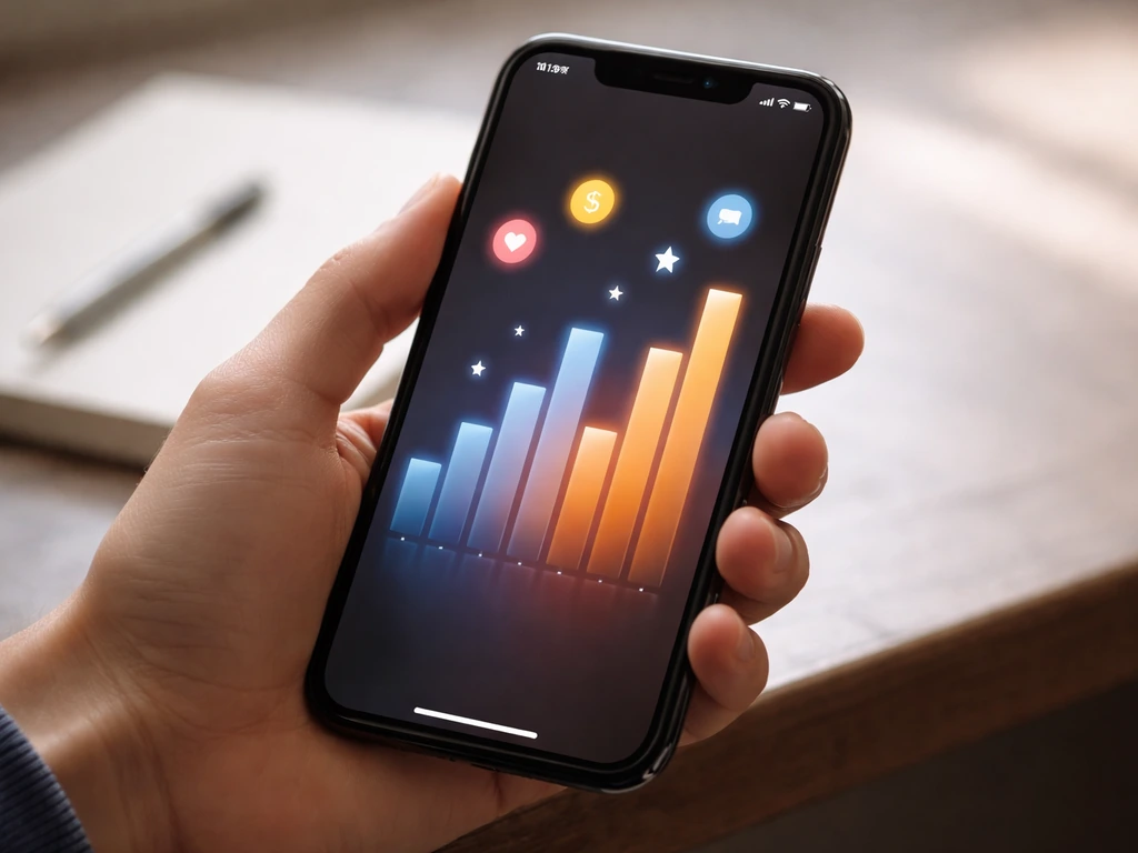 Close-up of a smartphone showing abstract analytics bars and social engagement metrics
