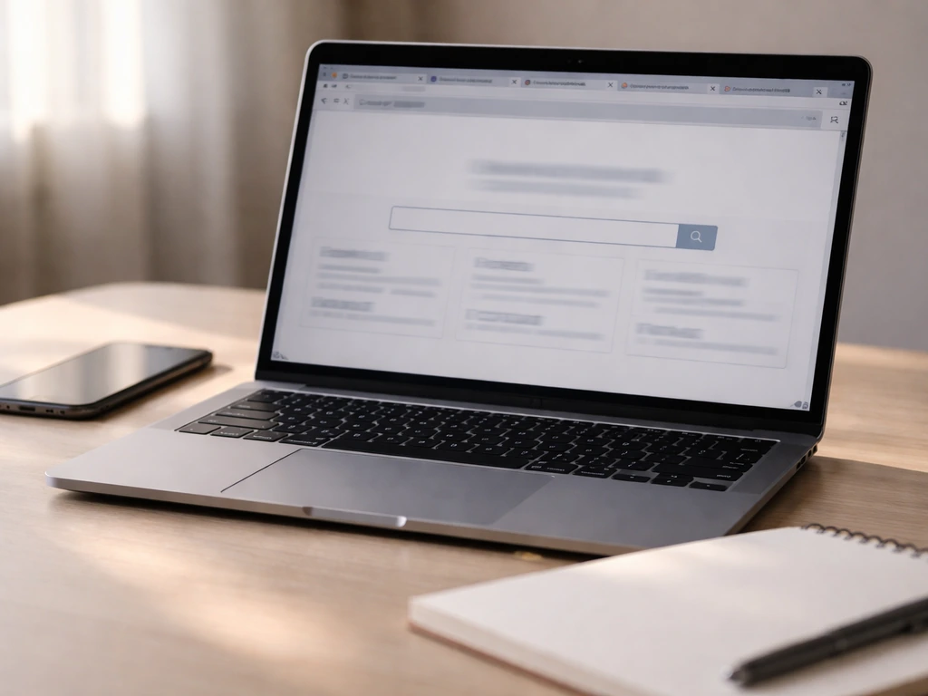 Close-up of an open laptop with a public-records search interface and tabs, beside a phone and blank notepad.