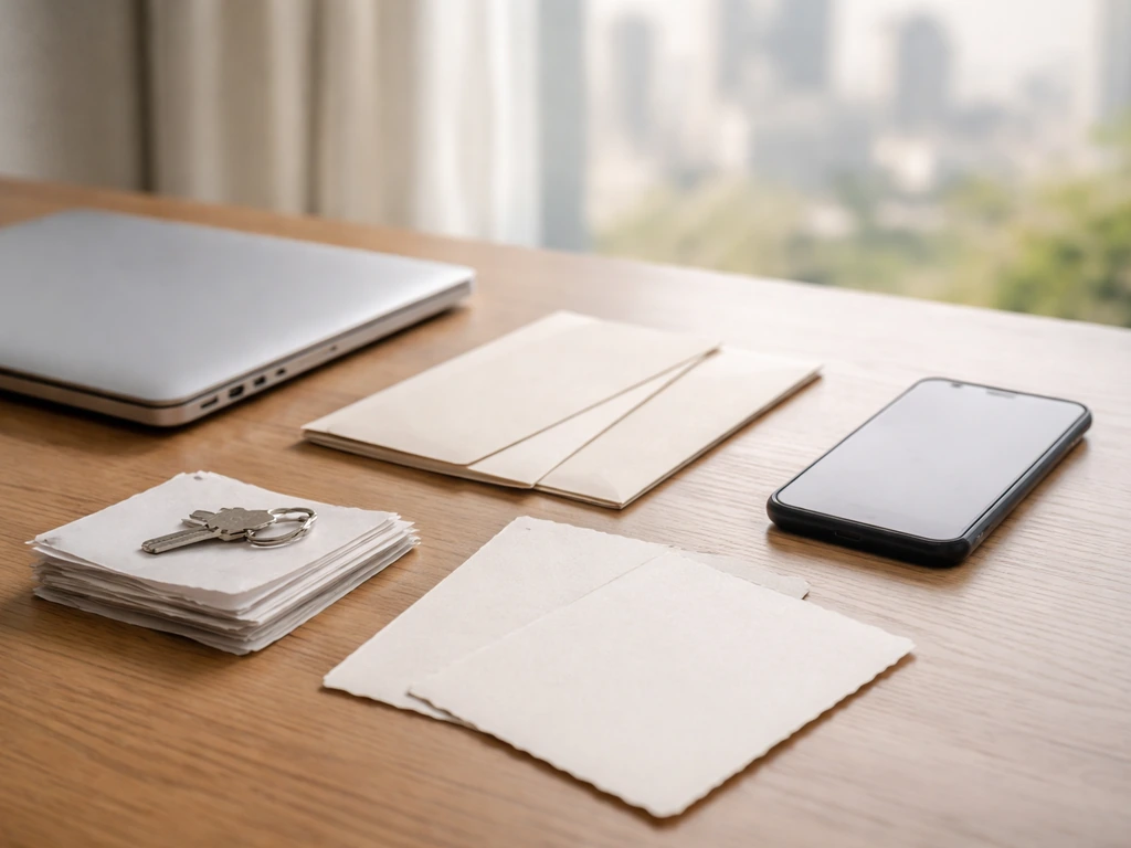 Minimal desk scene with envelopes, a sleek laptop, and scattered wedding-planning notes symbolizing multiple income stre