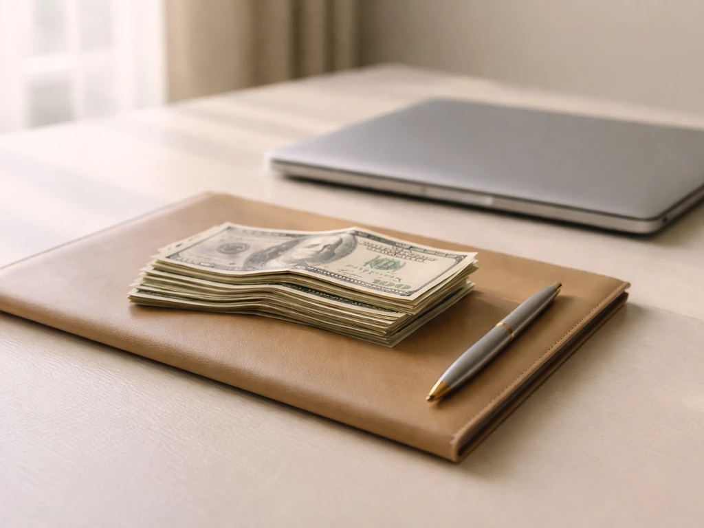 Minimal office desk with a fan of banknotes and pen, symbolizing TV cast salary estimates.