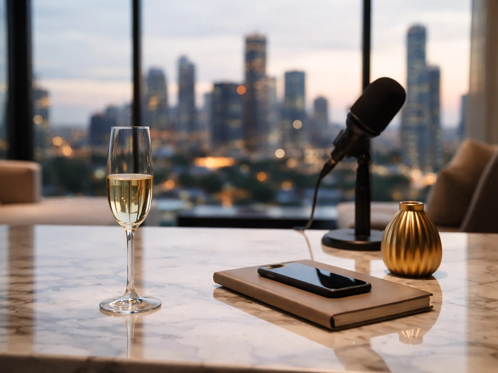 Luxury media workspace with a gold-toned vase, champagne flute, and city skyline view suggesting a cast net-worth guide