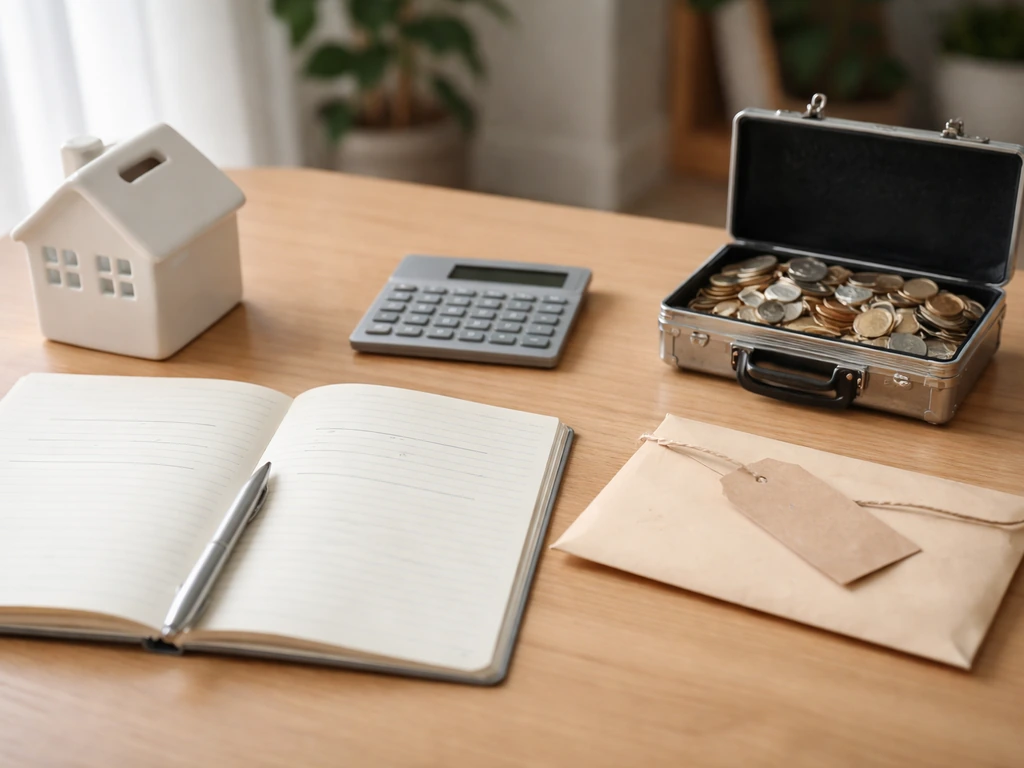 Minimal desk scene with home and business symbols plus an envelope representing debts for net worth concept.