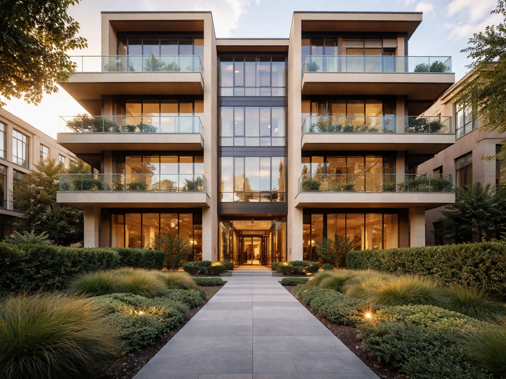 Sunlit luxury modern apartment facade with bold symmetry, suggesting upscale real estate leadership.