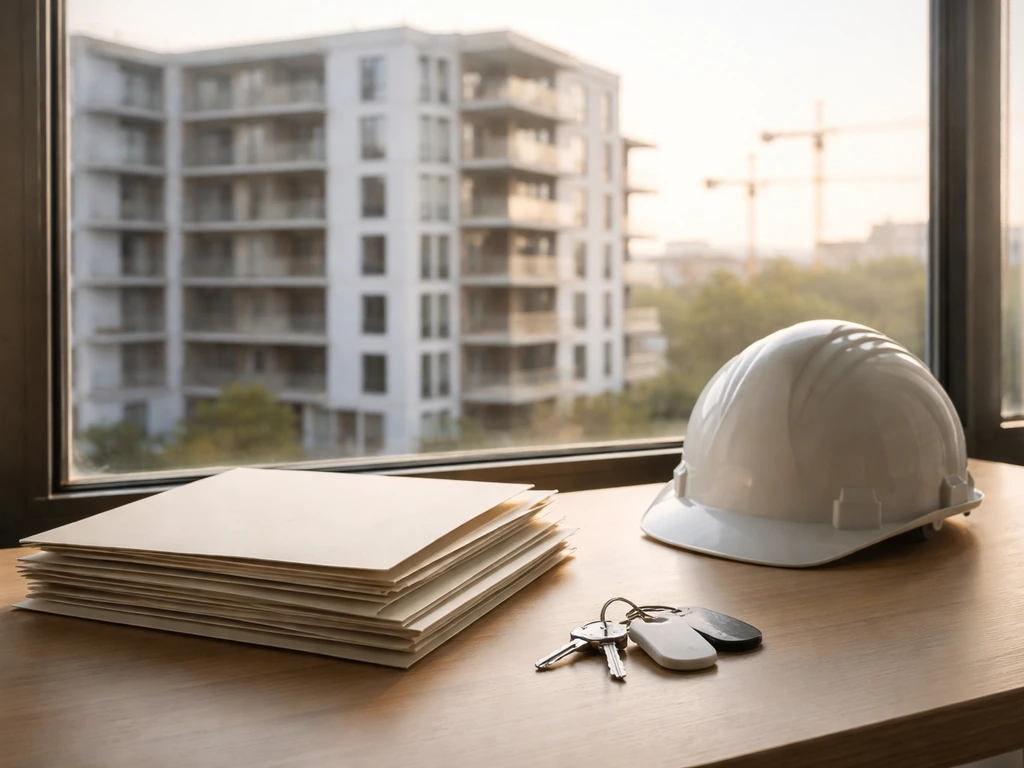 Sunlit apartment building construction site with printed property document folders and keys on a desk