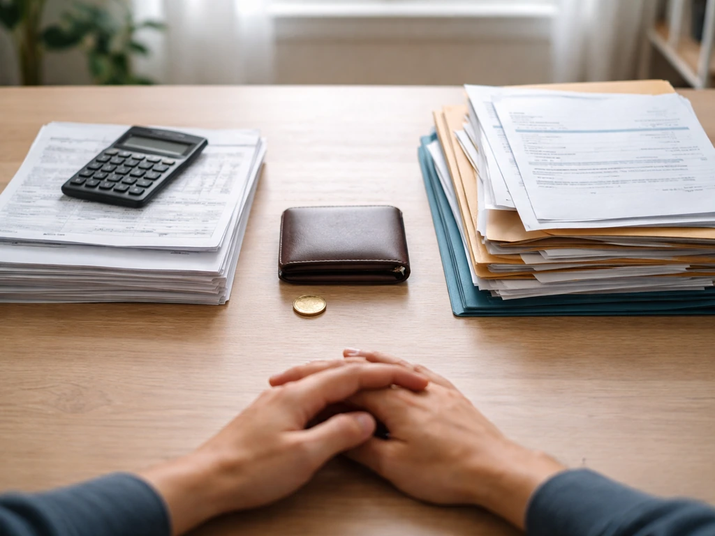 Lone desk scene suggesting confusion between earnings and net worth with two mismatched piles of papers