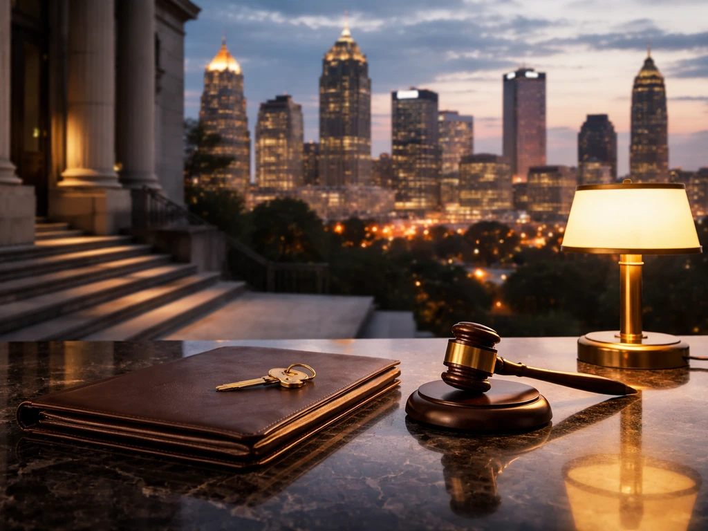 Dusk Atlanta skyline with courthouse and upscale real-estate symbols like keys and a leather folder on a desk.