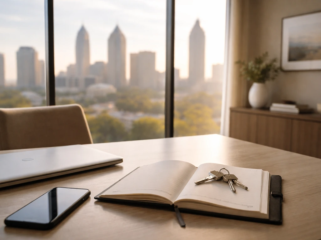 Minimal Atlanta real-estate office desk scene with keys and open planner by a city skyline view.