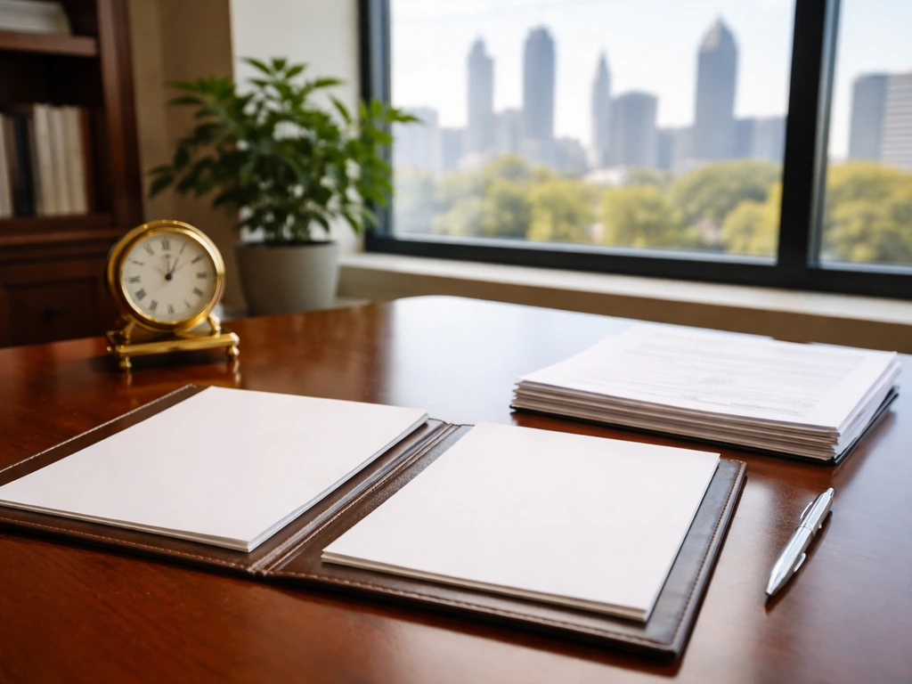 Minimal law office desk scene with blank closing documents and a window view suggesting real estate attorney work.