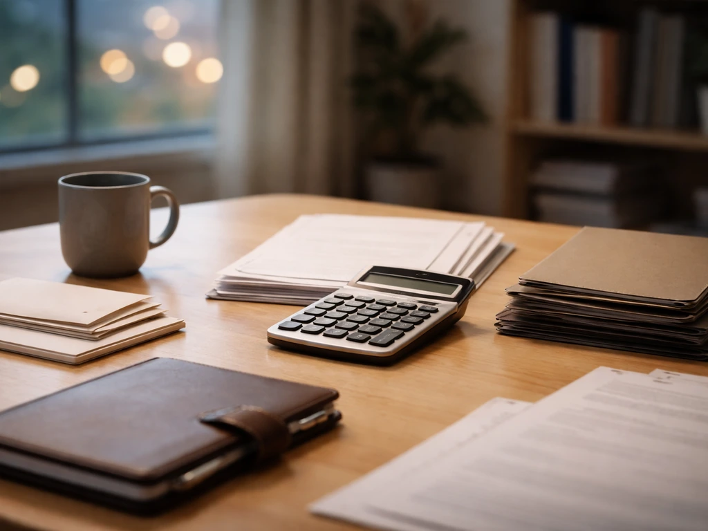 Minimal photo showing a banker-style desk with a binder, calculator, and envelopes symbolizing assets vs liabilities.