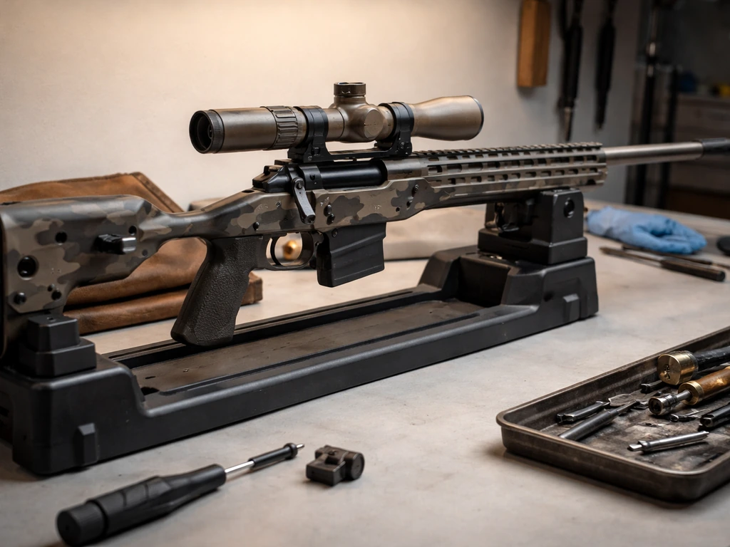 Minimal firearms workshop scene with a custom rifle on a workbench and tools laid out neatly.