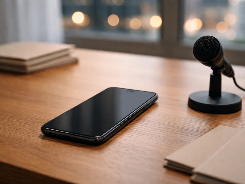Minimal photo of a phone on a desk beside a microphone, suggesting paid video bookings.