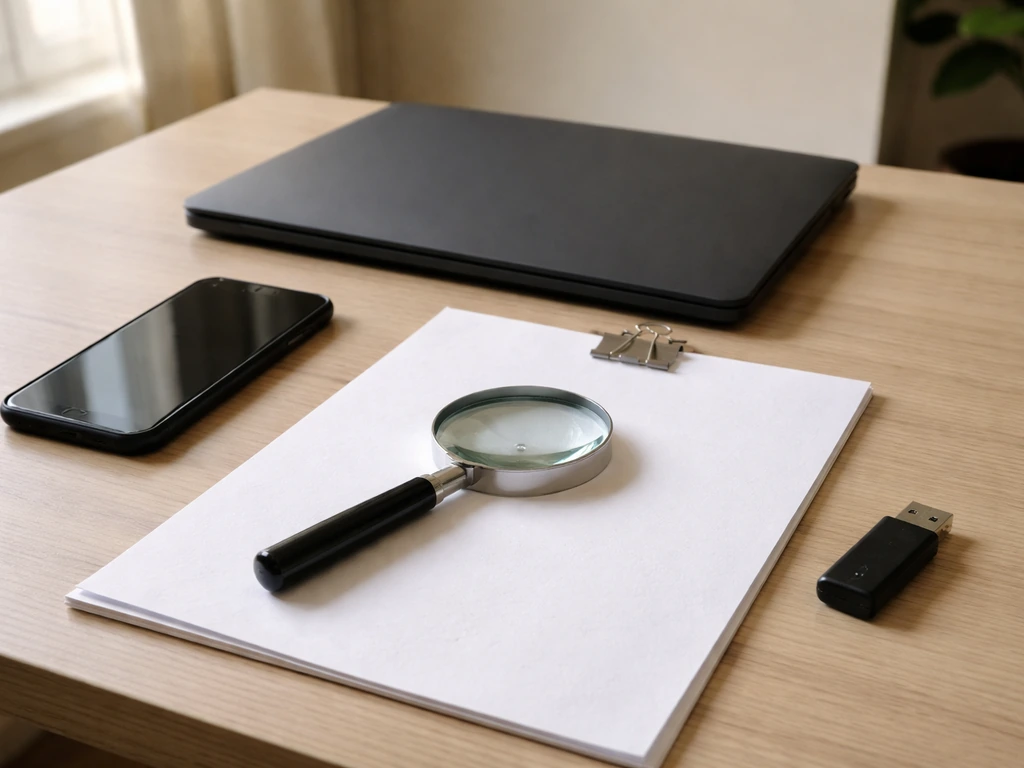 Minimal desk scene with magnifying glass and verification tools symbolizing record checks