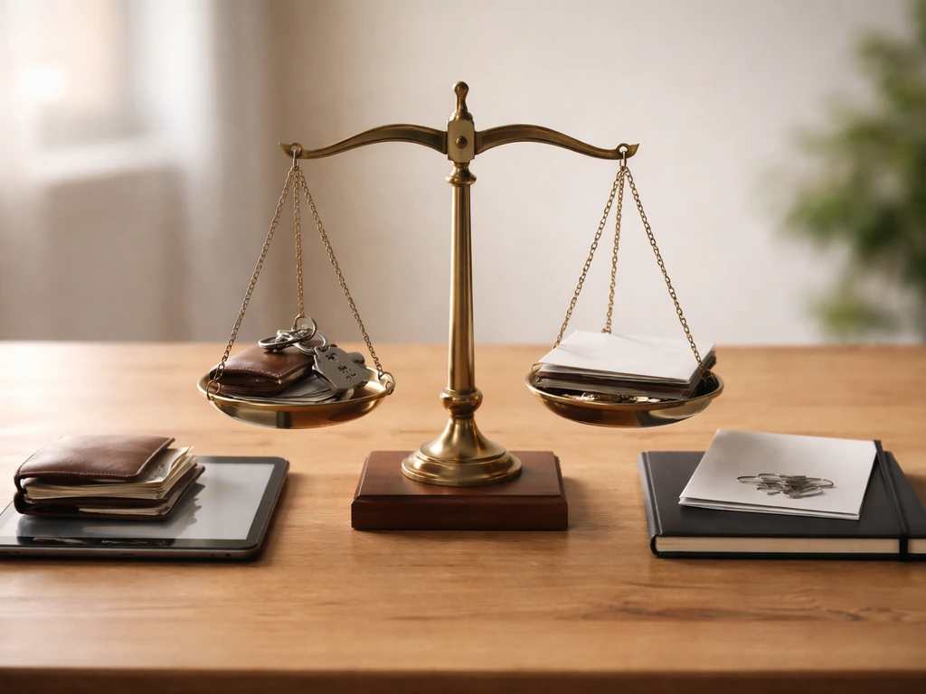 Minimal desk still-life with balanced scales between asset-like items and debt-like items, showing net worth concept.