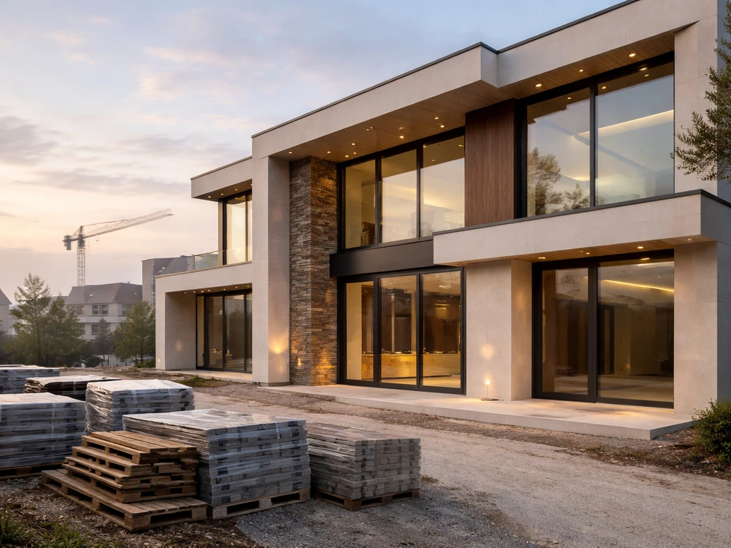 Luxury property development scene with modern home exterior and building materials at dawn light.