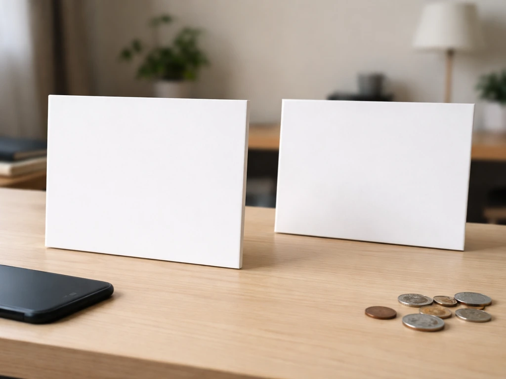 Minimal desk scene with two side-by-side blank panels and coins, symbolizing net-worth comparison.