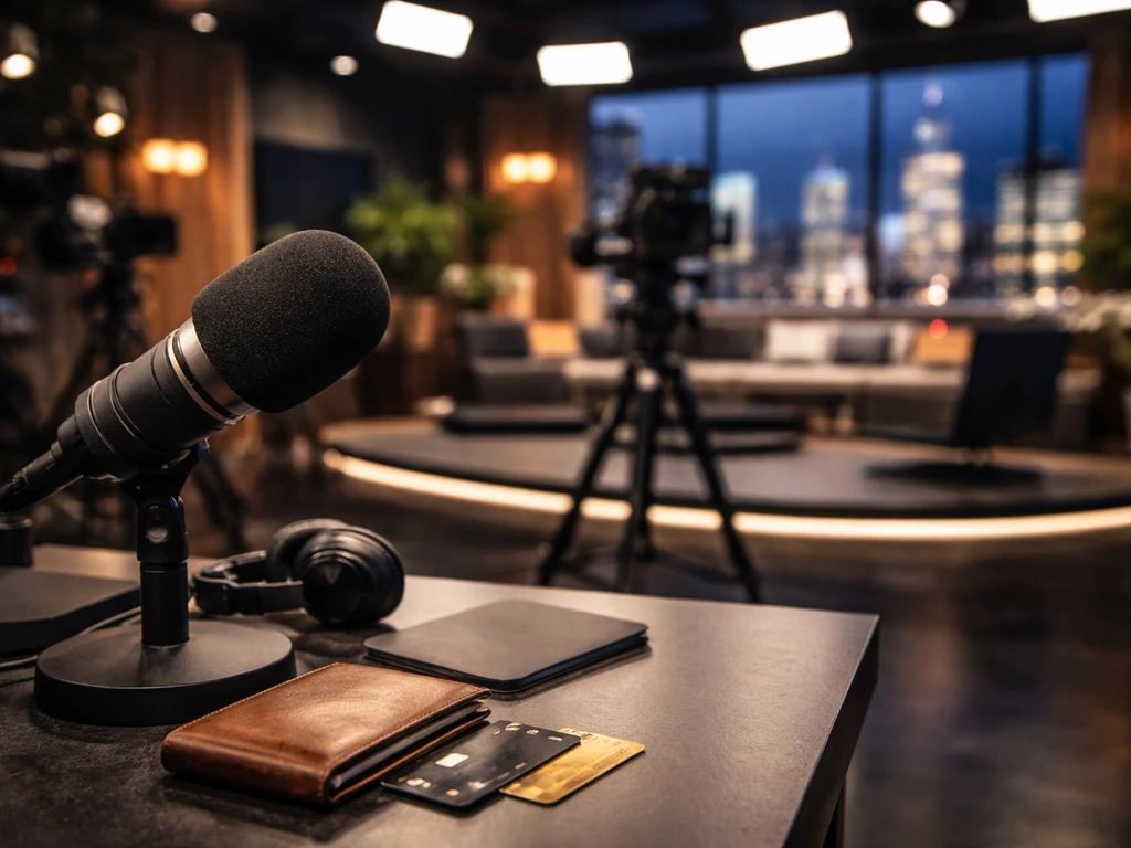 An empty reality TV studio control room with a microphone and finance items, suggesting TV fame and net-worth searches.