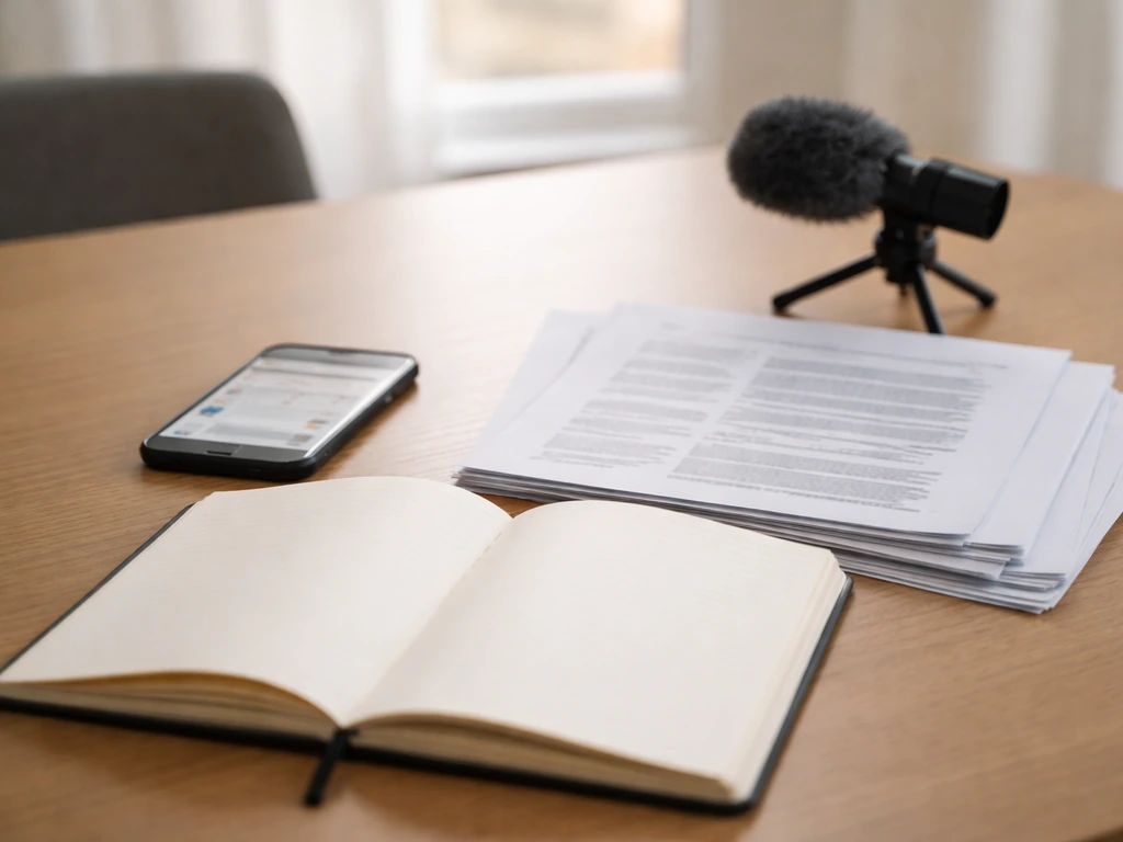 Minimal research desk with blurred documents, blank notebook, and a smartphone showing a generic news feed.