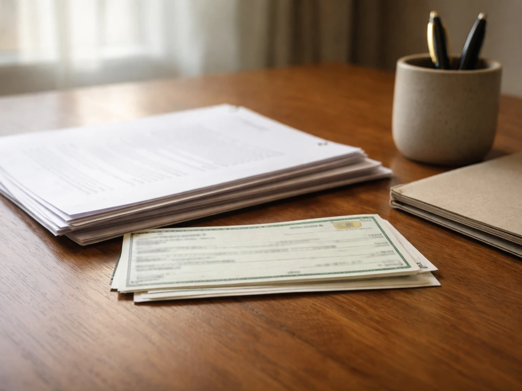 Anonymous check and neatly stacked divorce papers on a wooden table in natural light.