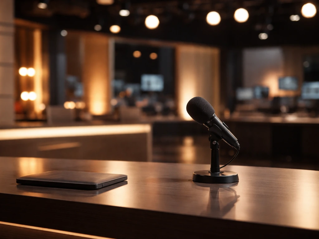 Luxury TV studio desk with a microphone and camera gear, evoking a reality show and celebrity net-worth topic.
