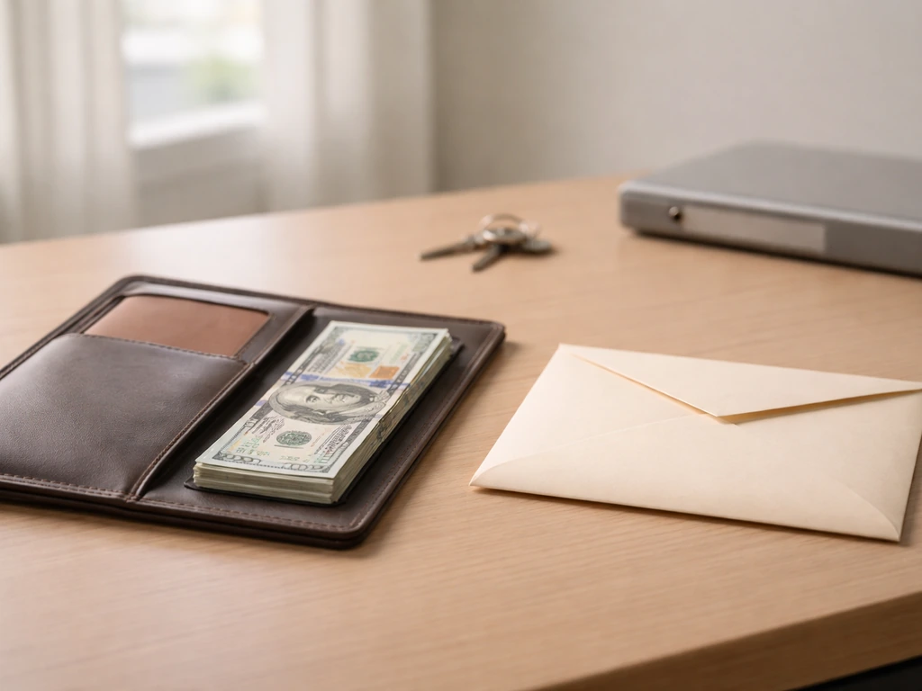 Minimal desk scene with cash, key, and envelopes symbolizing assets minus liabilities.