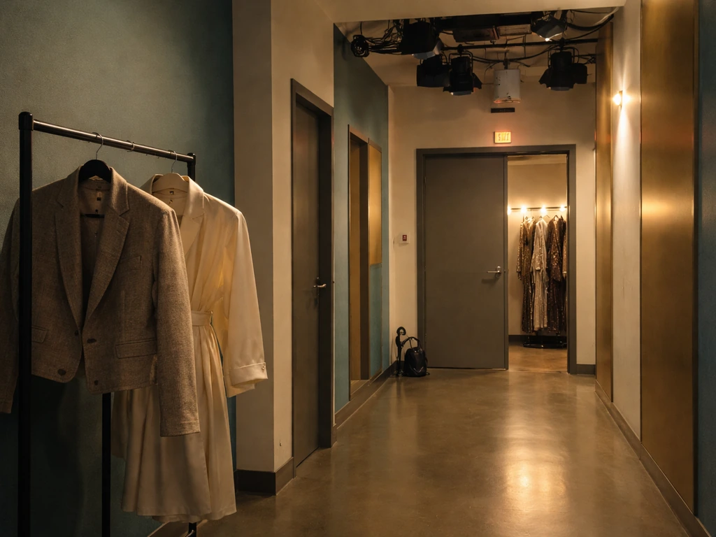 Empty reality-TV style studio hallway with a single coat rack and muted Beverly Hills color accents