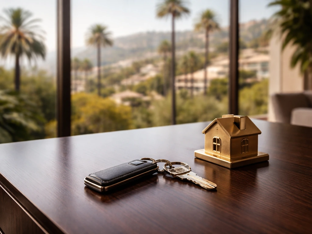 Luxury real estate office desk with house keys near a window showing upscale Beverly Hills homes and palms.