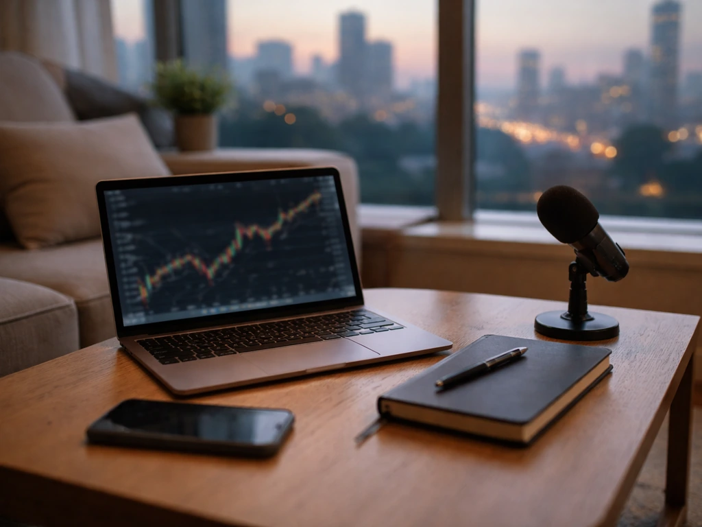 Minimal day-trading and media workspace with blurred laptop screen and city view through a window.