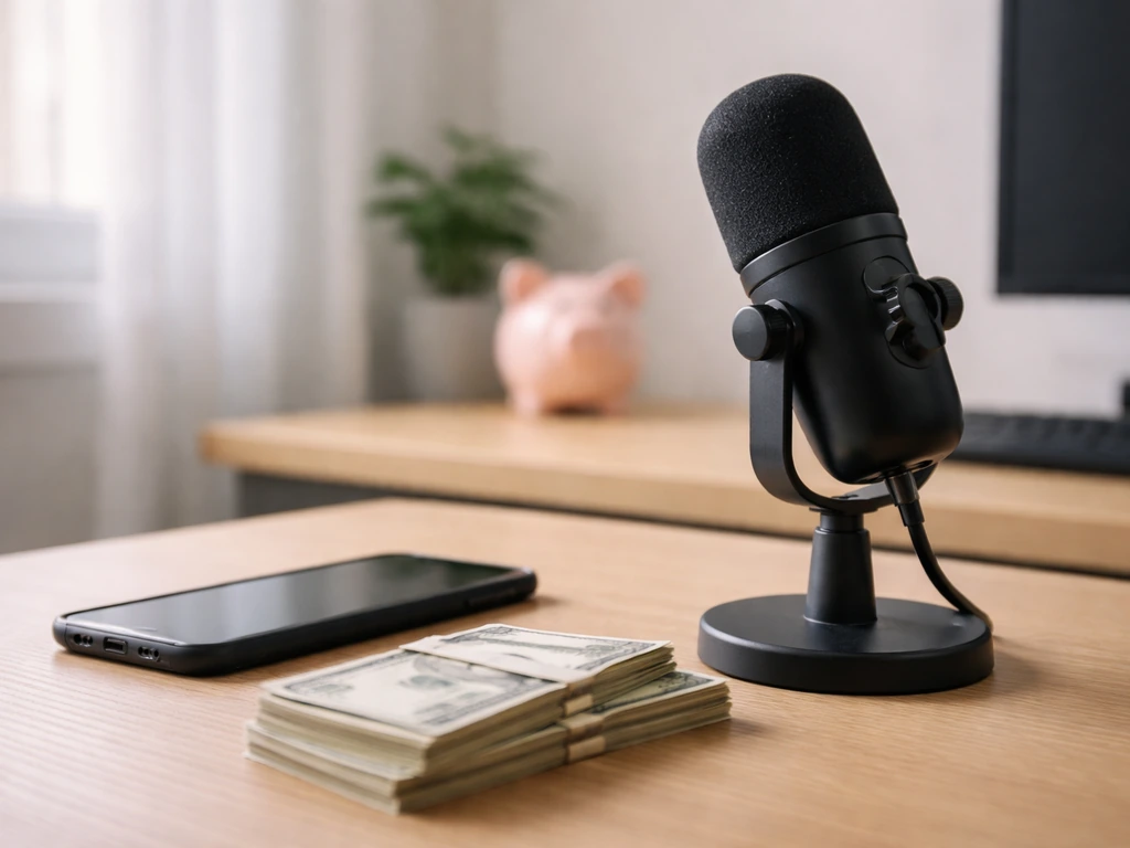 Minimal desk scene with microphone and scattered cash-like props symbolizing reality TV earnings breakdown