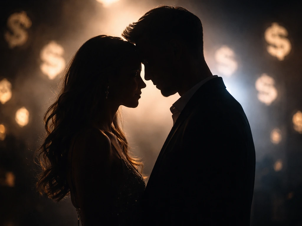 Blurred couple silhouettes in a studio set with subtle wealth-themed lighting and money symbolism