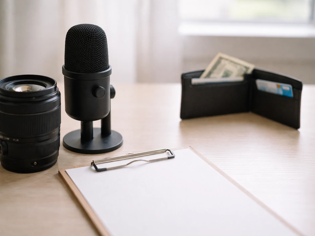 Minimal desk with studio mic and camera gear beside an open wallet and blank clipboard, hinting media and finances.