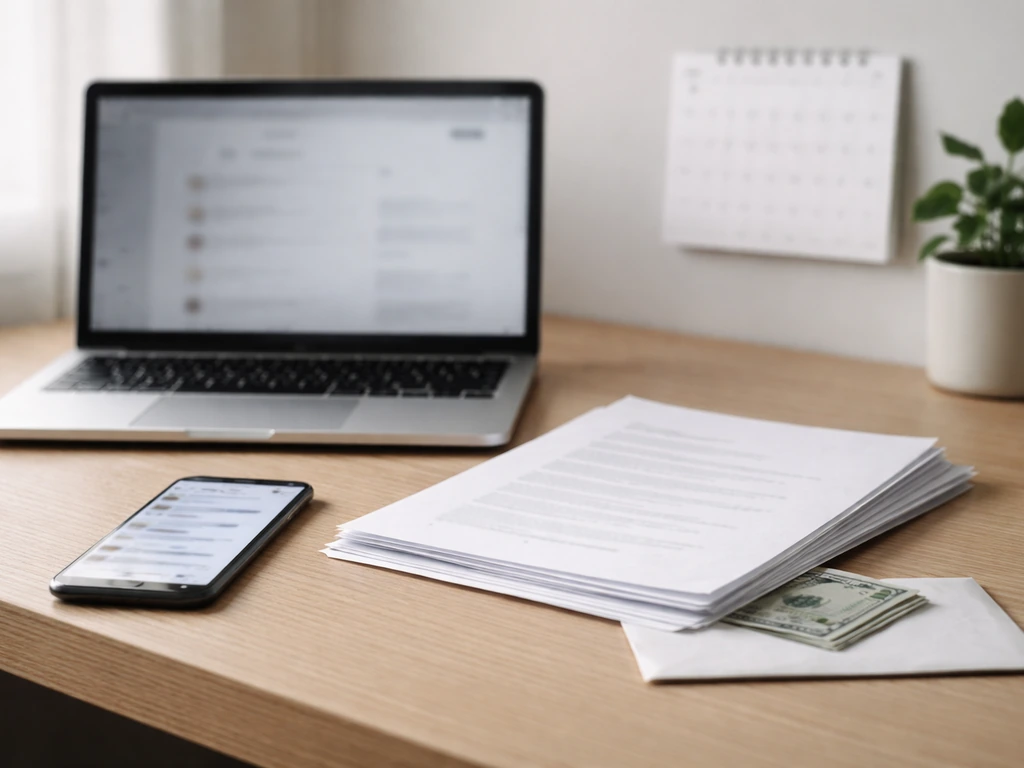 Minimal desk scene with blurred phone and laptop, blank bio pages, and money to symbolize net worth inputs